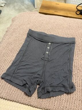 Waffle-Knit Button-Front Bike Shorts — Charcoal Gray